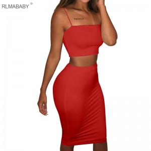 Two Piece Set Women Crop Top And Skirts Sleeveless Backless Spaghetti Strap 2 Piece Red White Black Yellow